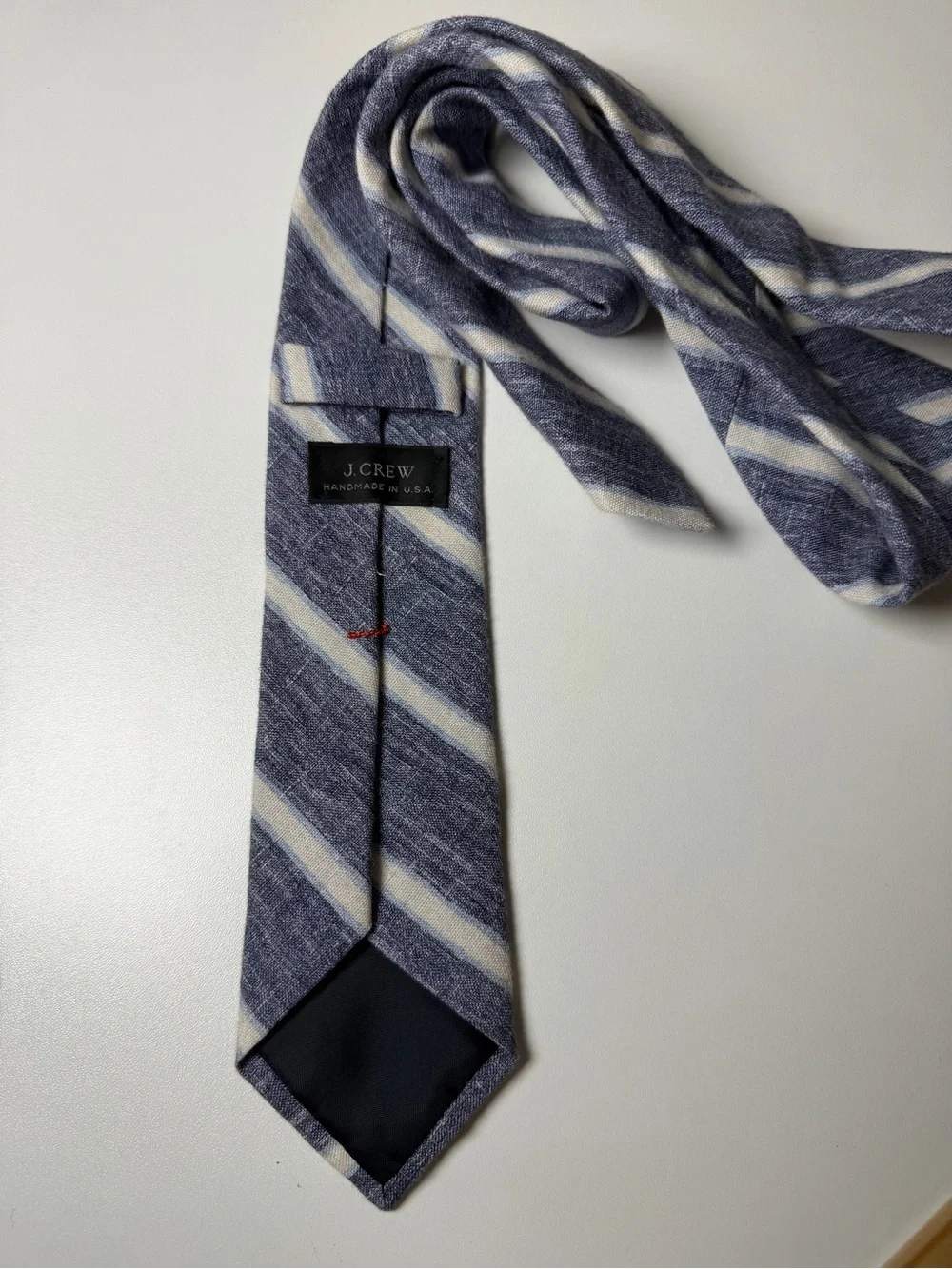 J. Crew Hand Made in USA 100% Linen Navy and White Striped Linen Slim Tie